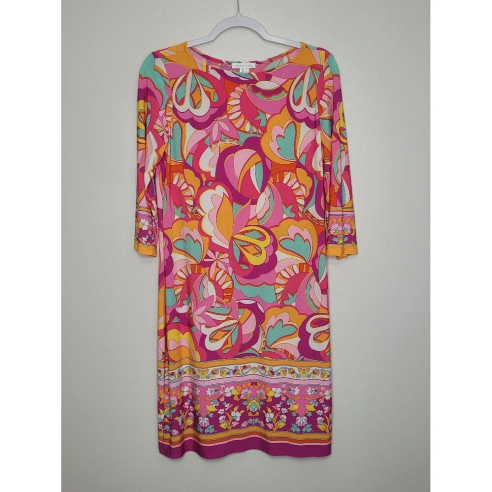 London Times pink orange bright bold vacation tropical resort wear dress medium